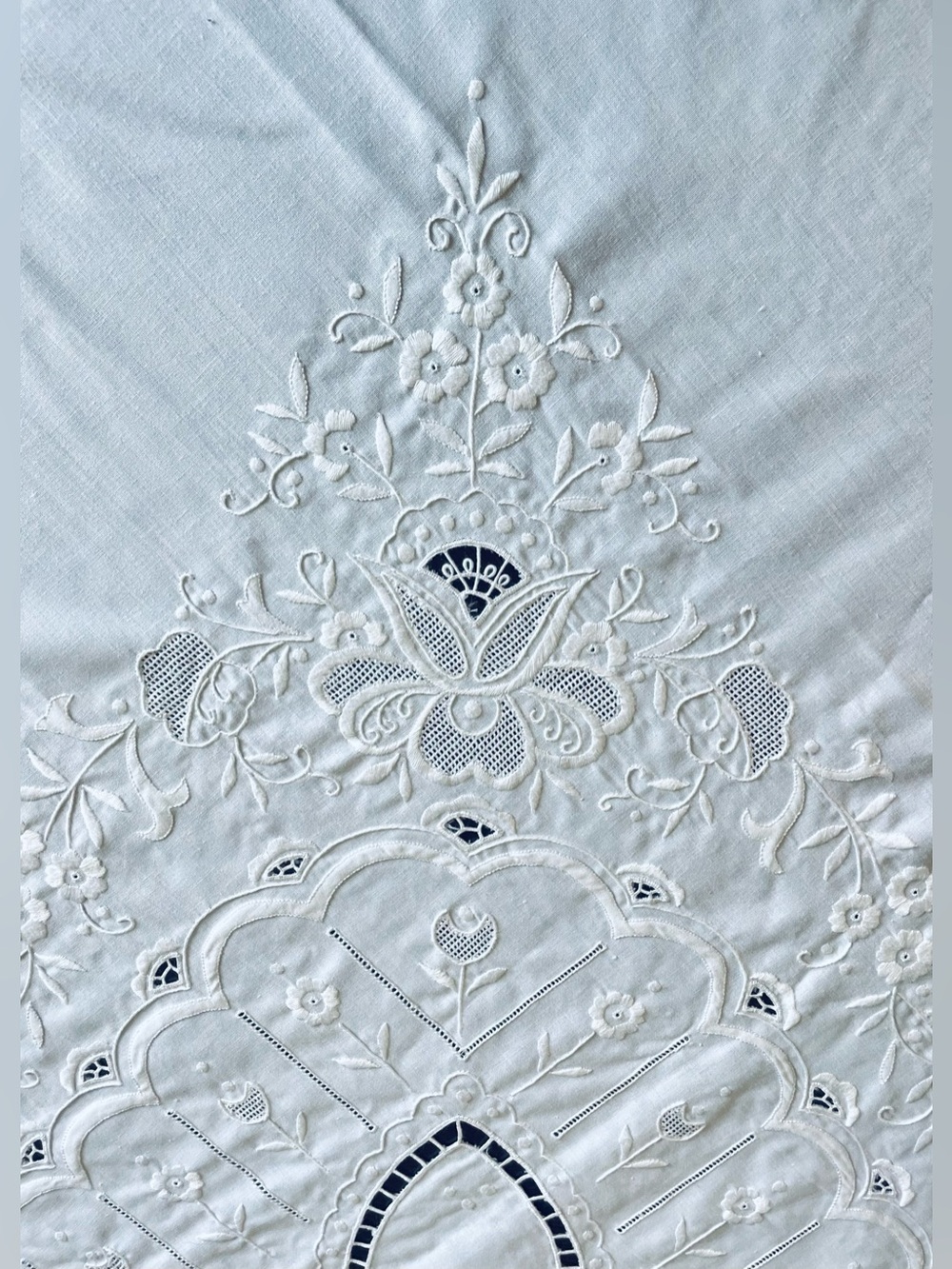 Vintage 1940’s Madeira Tablecloth Linen Hand Embroidered White Flawless 108x72